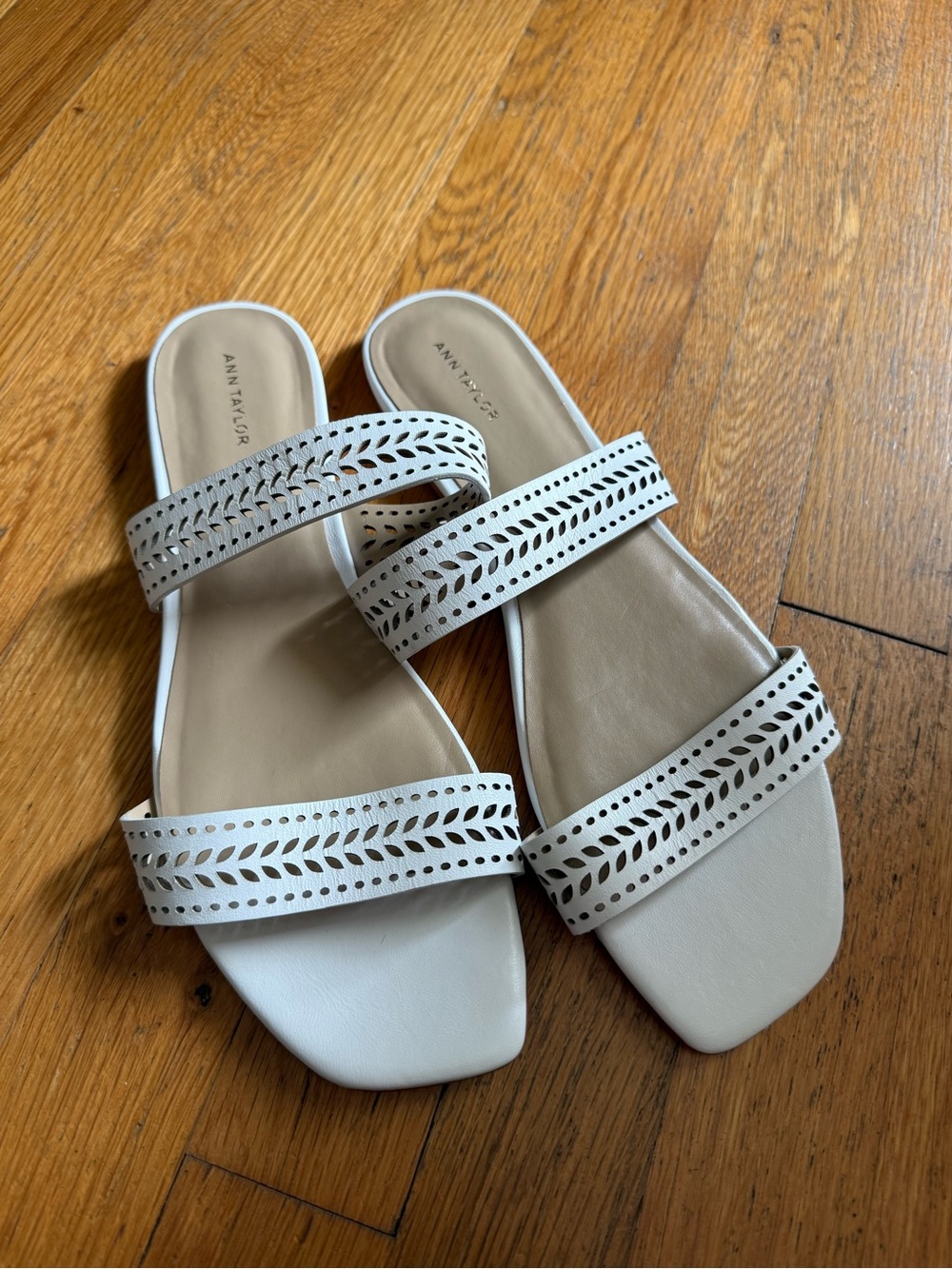 Ann Taylor White Laser-Cut Double-Strap Slide Sandals